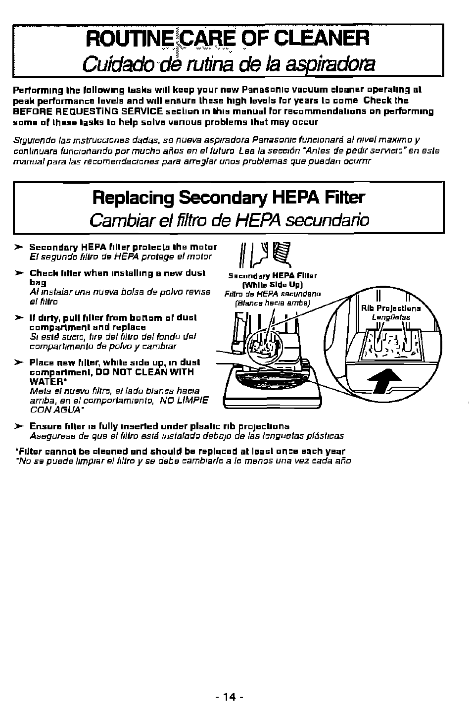 Replacing secondary мера filter, Cambiar el filtro de hepa secundario | Panasonic MC-V7358 User Manual | Page 14 / 24