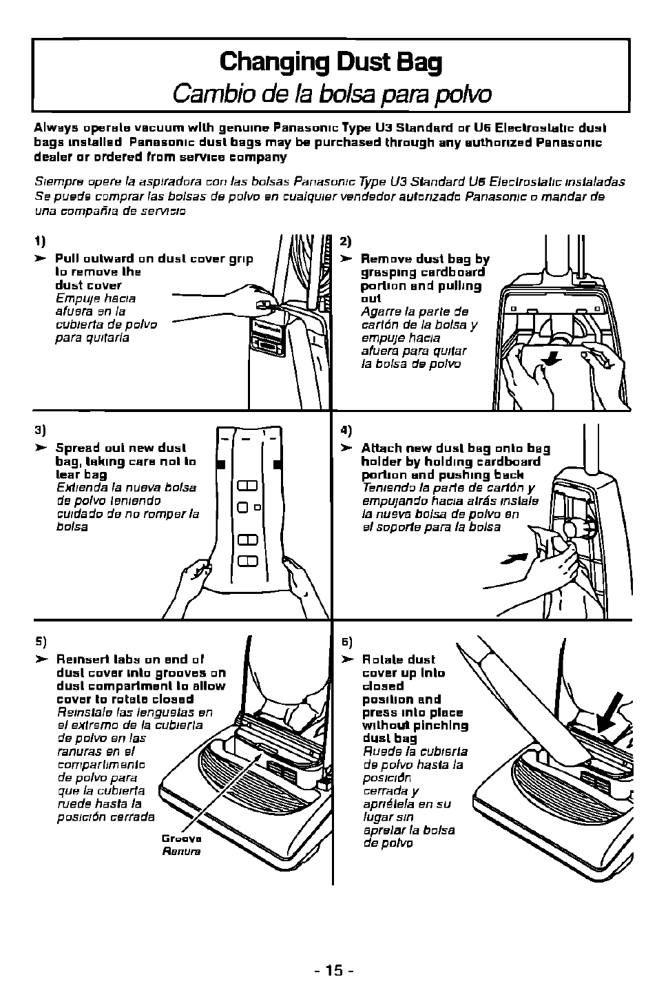 Changing dust bag, Cambio de la bolsa para polvo | Panasonic MC-V7358 User Manual | Page 15 / 24