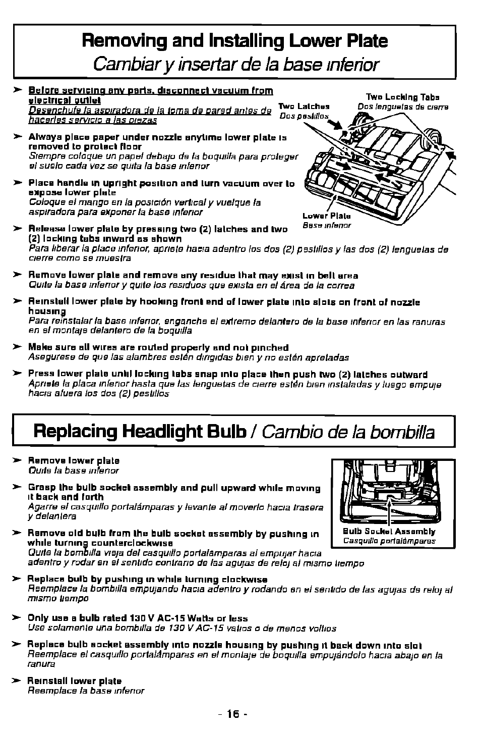 Removing and installing lov\/er plate, Replacing headlight bulb / cambio de la bombilla, Replacing headlight bulb | Cambio de la bombilla, Cambiar y insertar de la base inferior | Panasonic MC-V7358 User Manual | Page 16 / 24