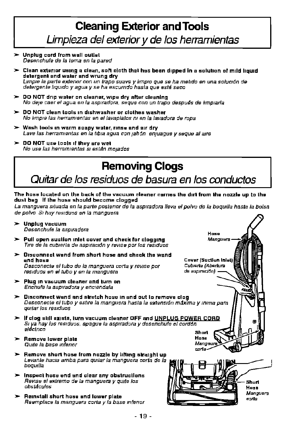 Cleaning exterior and tools, Removing clogs, Limpieza dei extenor y de ios henamientas | Quitar de tos residuos de basura en ios conductos | Panasonic MC-V7358 User Manual | Page 19 / 24