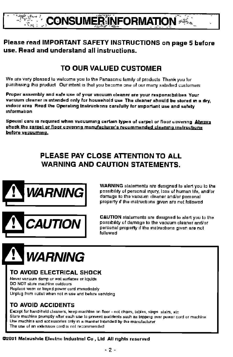 Warning, Caution, Consumelilmformation | Panasonic MC-V7358 User Manual | Page 2 / 24