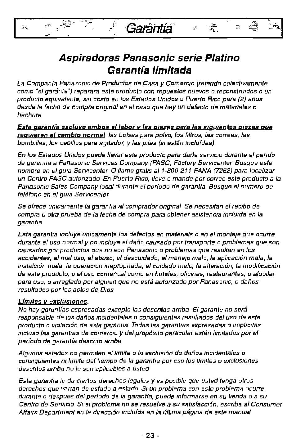 Garantía | Panasonic MC-V7358 User Manual | Page 23 / 24