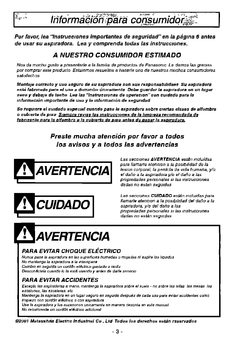 Avertencia, Cuidado, A nuestro consumidor estimado | Panasonic MC-V7358 User Manual | Page 3 / 24