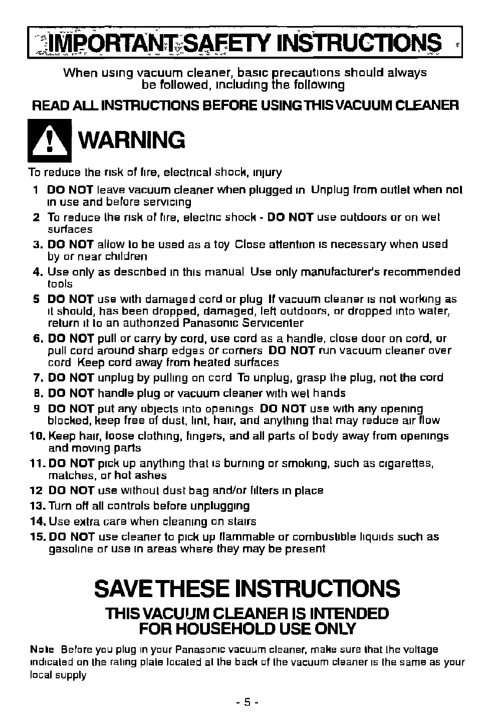 Important safety instrugtions, Warning, Savethese instructions | Awarning | Panasonic MC-V7358 User Manual | Page 5 / 24