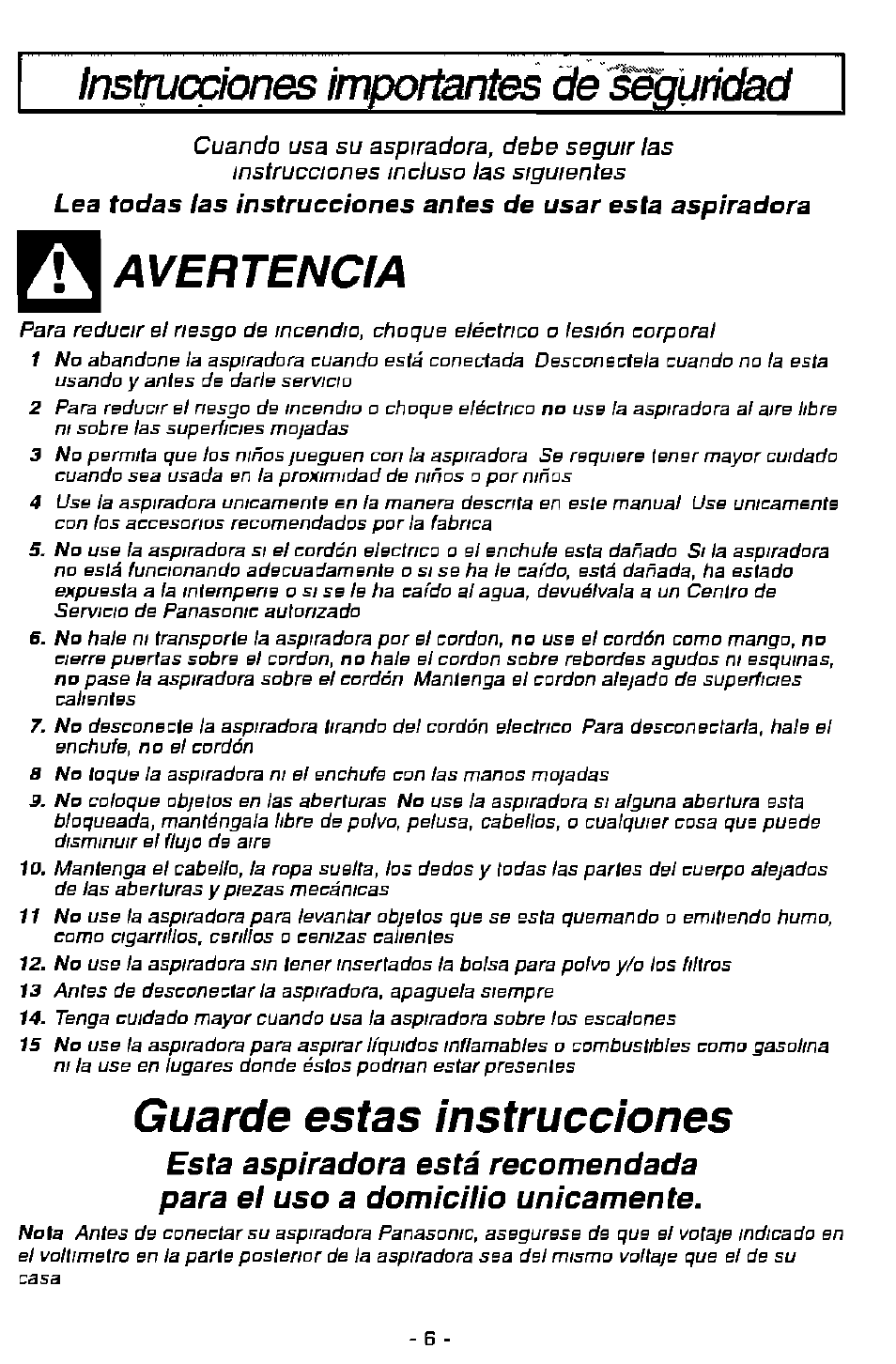 Avertencia, Guarde estas instrucciones, Instnjcciones importantes de segundad | Panasonic MC-V7358 User Manual | Page 6 / 24