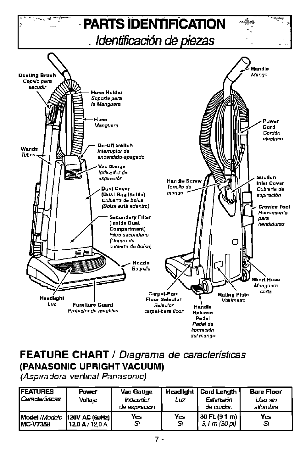 Parts ìdent, Rcati, N, /cfenfijftcaaon de piezas | Feature chart / diagrama de características, Model, I20v ac (edh | Panasonic MC-V7358 User Manual | Page 7 / 24