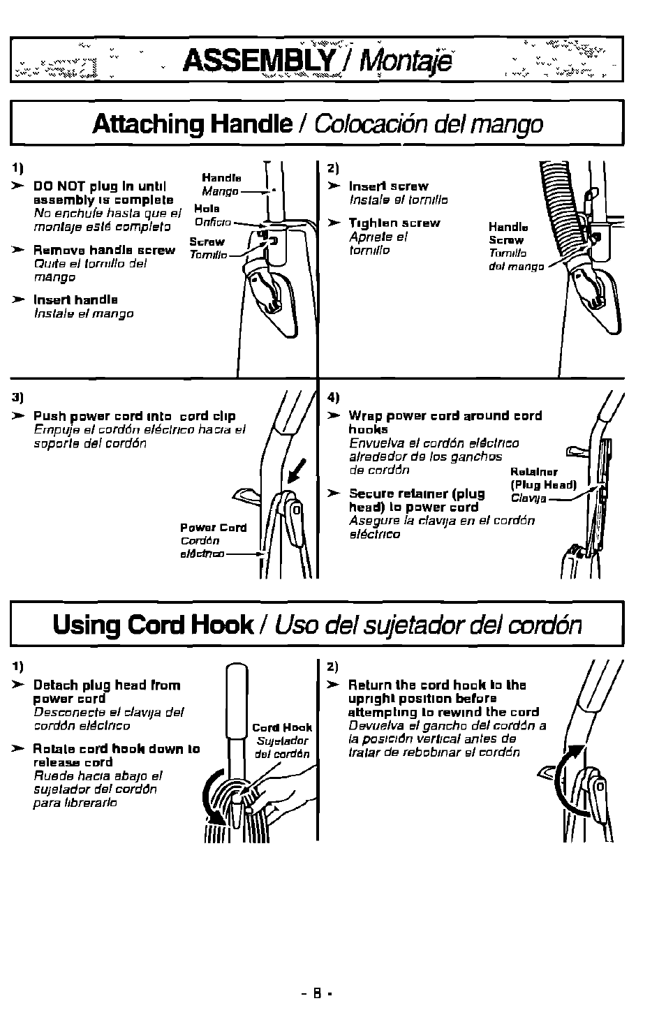 Assembly/m, Nl^e, Attaching handle | Colocación del mango | Panasonic MC-V7358 User Manual | Page 8 / 24