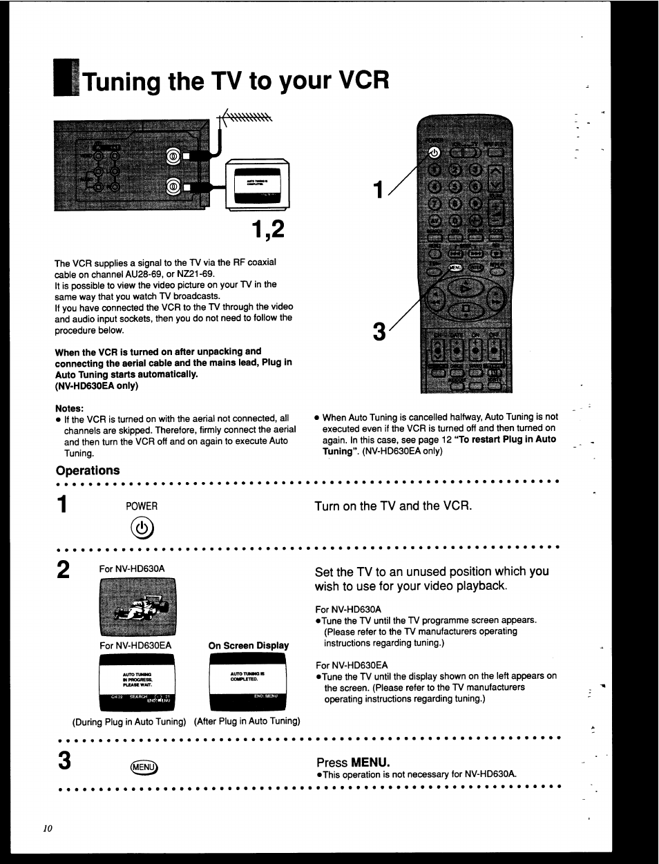 Tuning the tv to your vcr, Operations, Turn on the tv and the vcr | Press menu | Panasonic NV-HD630 User Manual | Page 10 / 40