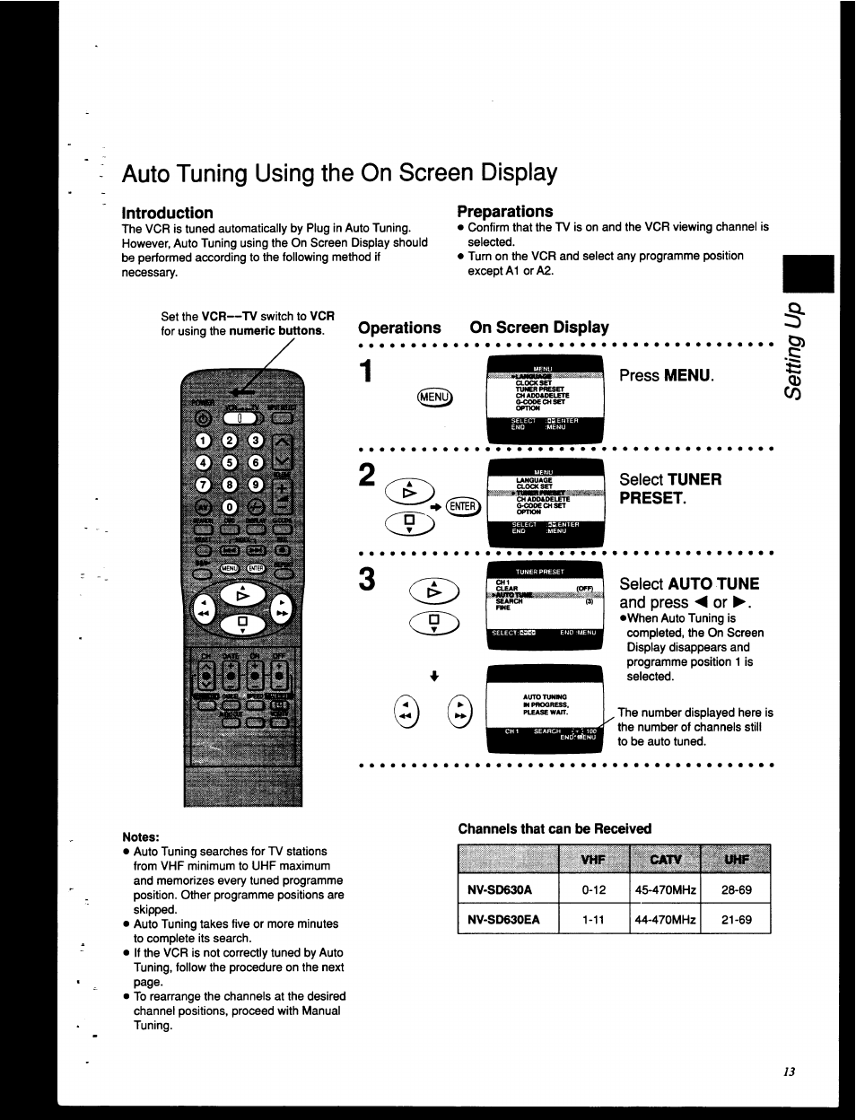 Auto tuning using the on screen display, Introduction, Preparations | Operations on screen display, Press menu, Select tuner preset, Select auto tune and press ◄ or | Panasonic NV-HD630 User Manual | Page 13 / 40