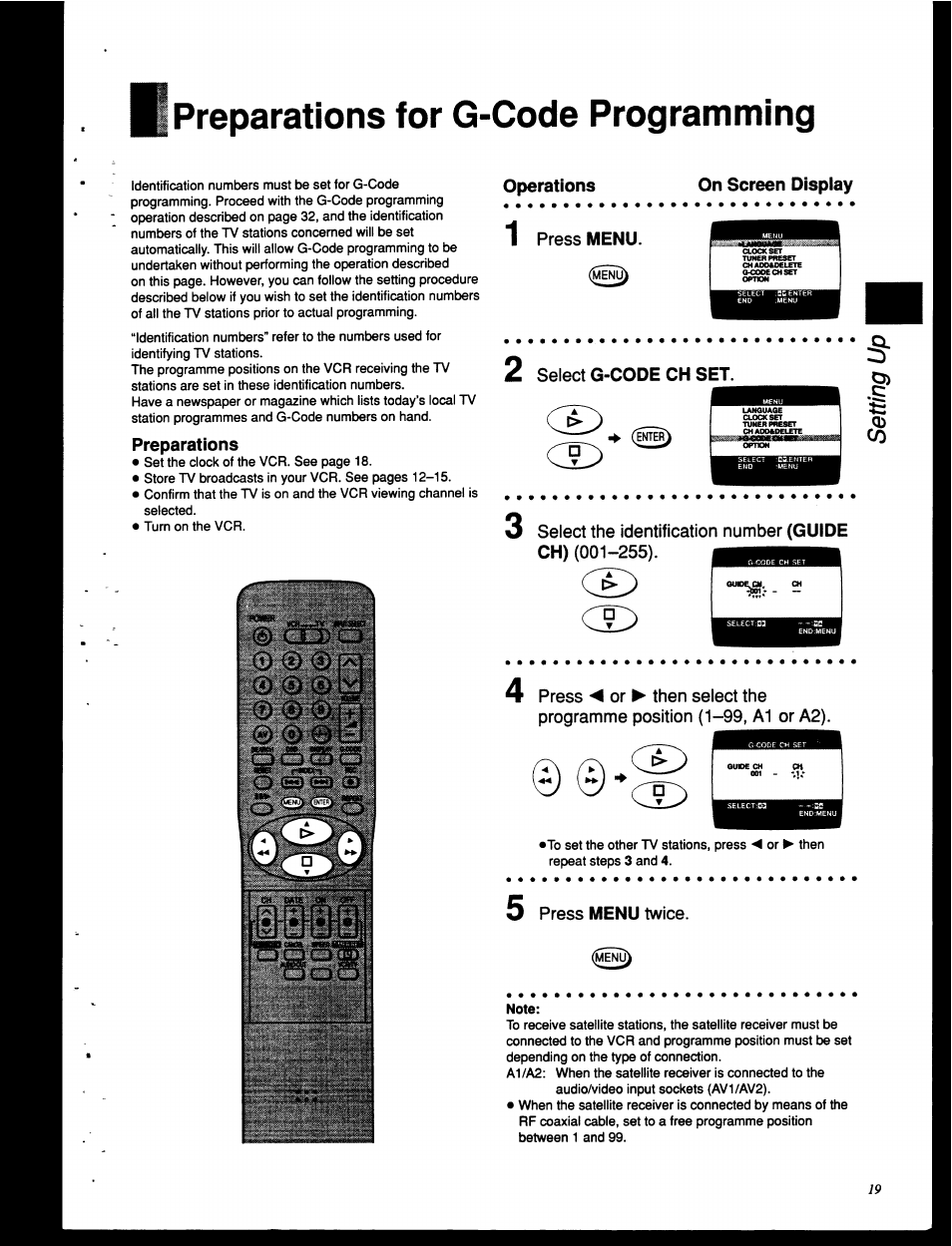 Preparations for g-code programming, Preparations, Operations 1 press menu | On screen display, Select g-code ch set, 4 press ◄ or ► then select the, Programme position (1-99, a1 or a2), Press menu twice | Panasonic NV-HD630 User Manual | Page 19 / 40