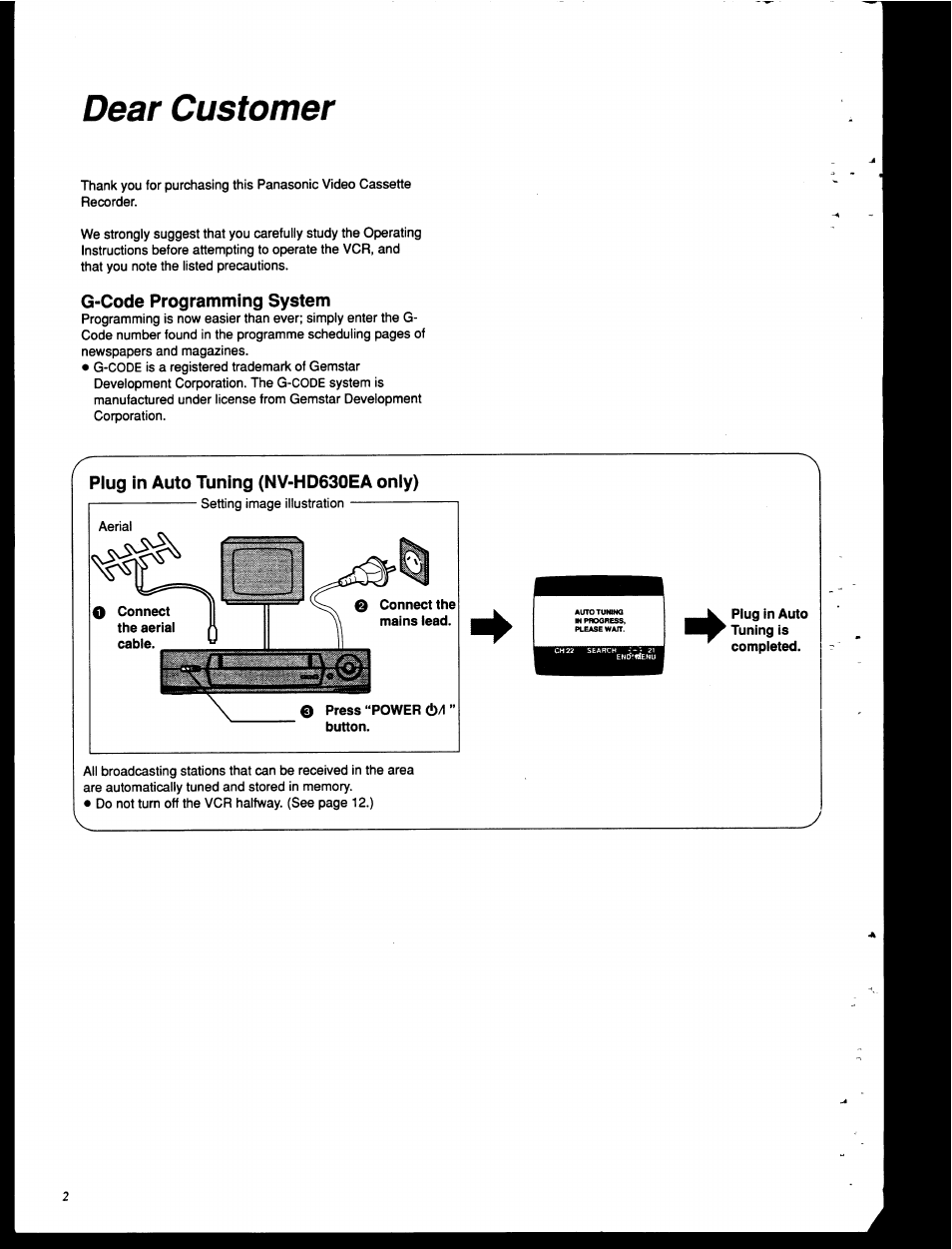 G-code programming system, Plug in auto tuning (nv-hd630ea only), Dear customer | Panasonic NV-HD630 User Manual | Page 2 / 40