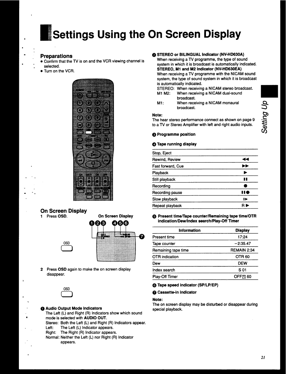 Settings using the on screen dispiay, Preparations, On screen display | Panasonic NV-HD630 User Manual | Page 21 / 40