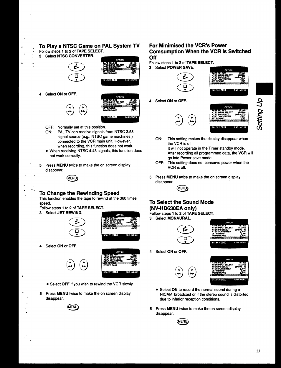 To play a ntsc game on pal system tv, To change the rewinding speed, To select the sound mode (nv-hd630ea only) | Panasonic NV-HD630 User Manual | Page 23 / 40