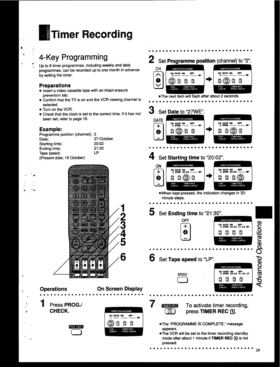 Timer recording, Key programming, Preparations | Example, Set programme position (channel) to “2, Set ending time to “21:30, Set tape speed to “lp, Set starting time to “20:02, Operations, On screen display | Panasonic NV-HD630 User Manual | Page 29 / 40