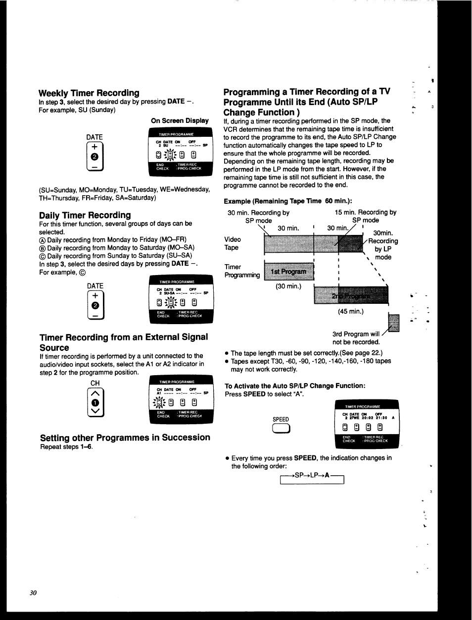 Weekly timer recording, Daily timer recording, Timer recording from an external signal source | Setting other programmes in succession | Panasonic NV-HD630 User Manual | Page 30 / 40