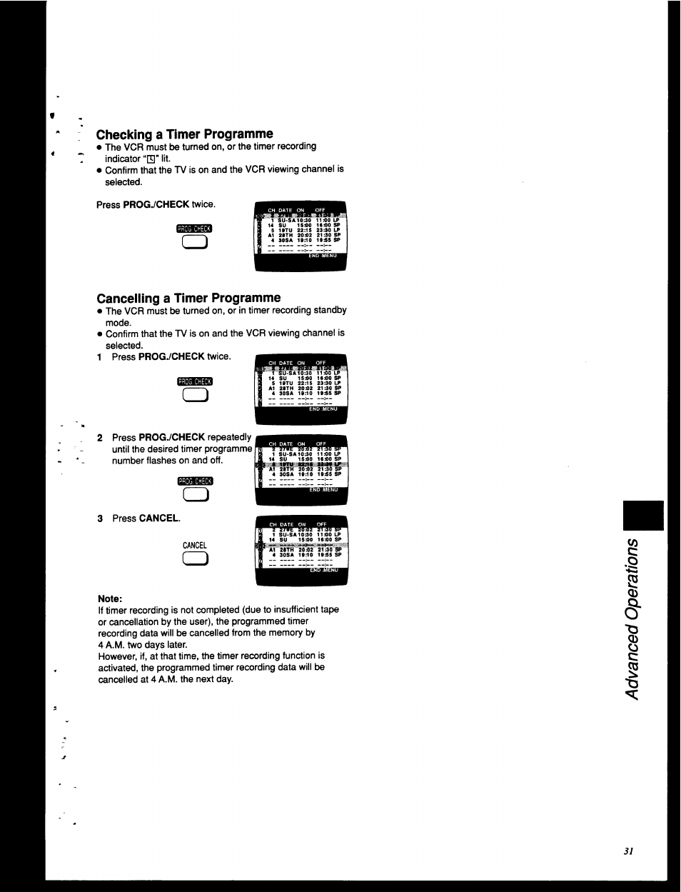 Checking a timer programme, Canceiiing a timer programme | Panasonic NV-HD630 User Manual | Page 31 / 40