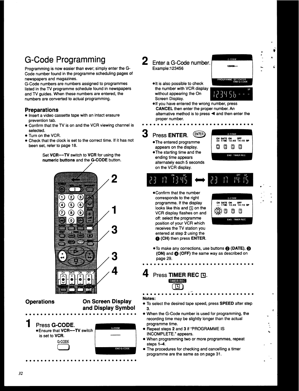 G-code programming, Preparations, Operations | On screen dispiay and dispiay symbol, Press g-code, Enter a g-code number, Press enter, Press timer rec, Ia a a, S @ s i | Panasonic NV-HD630 User Manual | Page 32 / 40