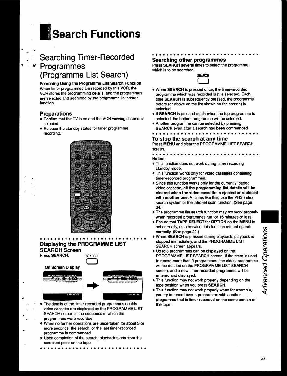 Search functions, Preparations, Dispiaying the programme list search screen | Searching other programmes, To stop the search at any time | Panasonic NV-HD630 User Manual | Page 33 / 40