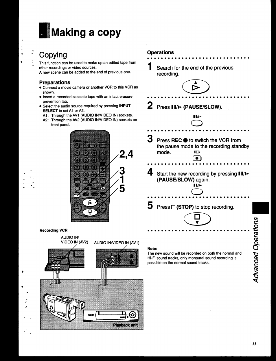 Making a copy, Copying, Operations | Preparations, 1 search for the end of the previous recording, Press ll/k (pause/slow), 3 press rec • to switch the vcr from, The pause mode to the recording standby mode. rec, 5 press □ (stop) to stop recording | Panasonic NV-HD630 User Manual | Page 35 / 40