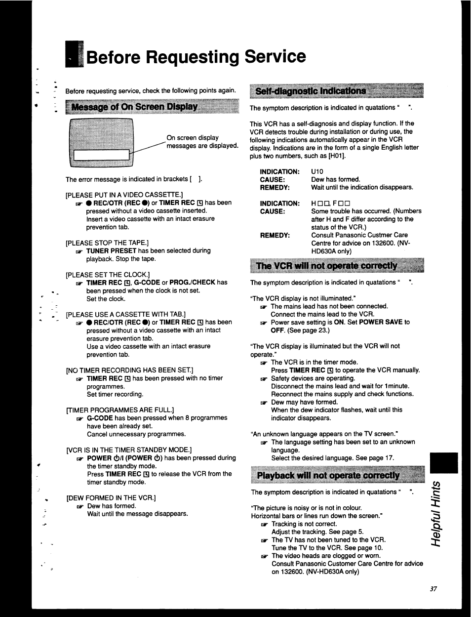 Before requesting service | Panasonic NV-HD630 User Manual | Page 37 / 40
