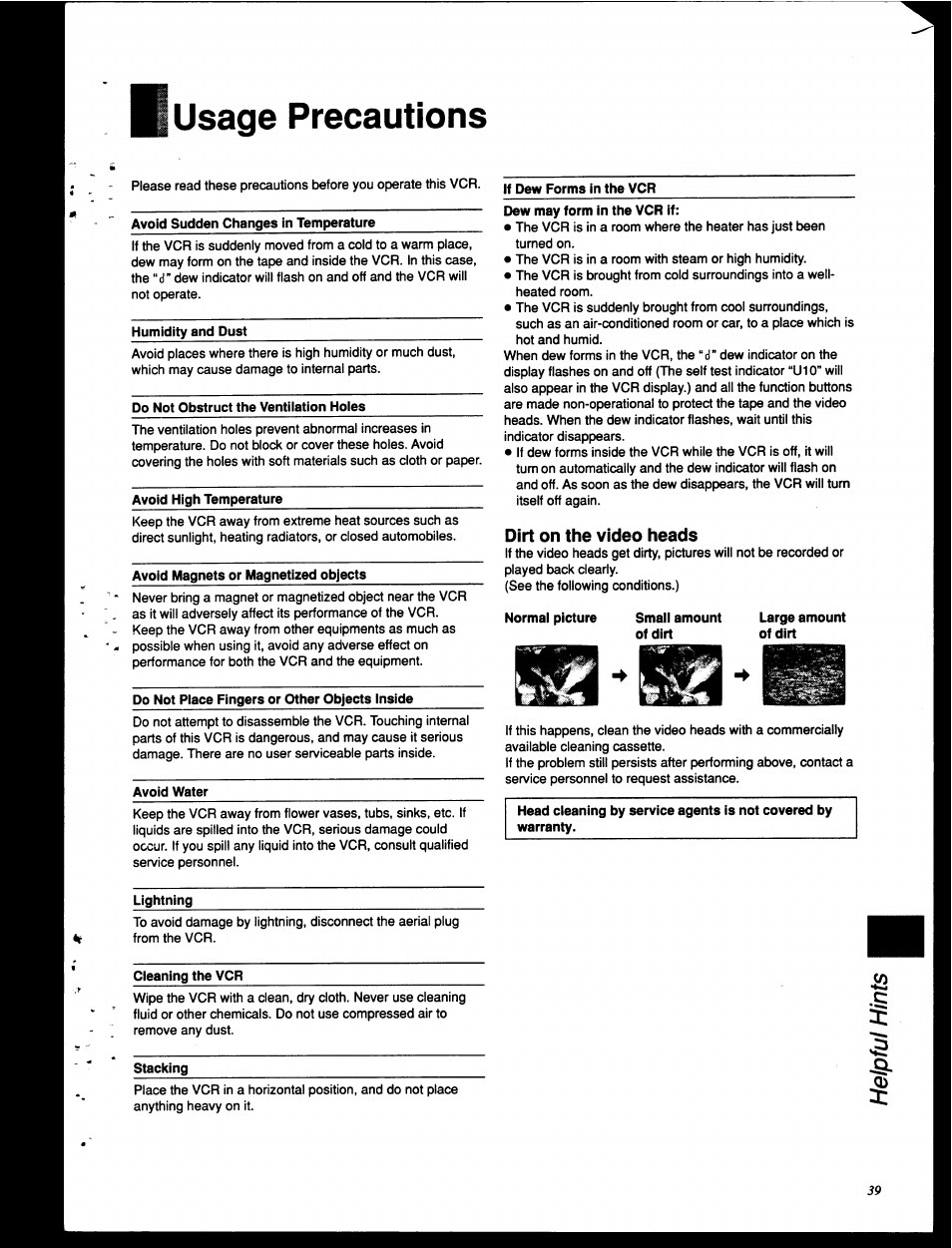 Usage precautions, Dirt on the video heads | Panasonic NV-HD630 User Manual | Page 39 / 40