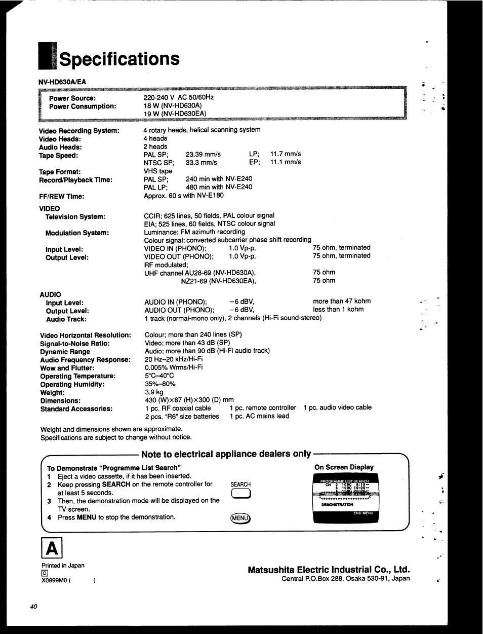 Specifications, Note to electrical appliance dealers only, Matsushita electric industrial co., ltd | Panasonic NV-HD630 User Manual | Page 40 / 40