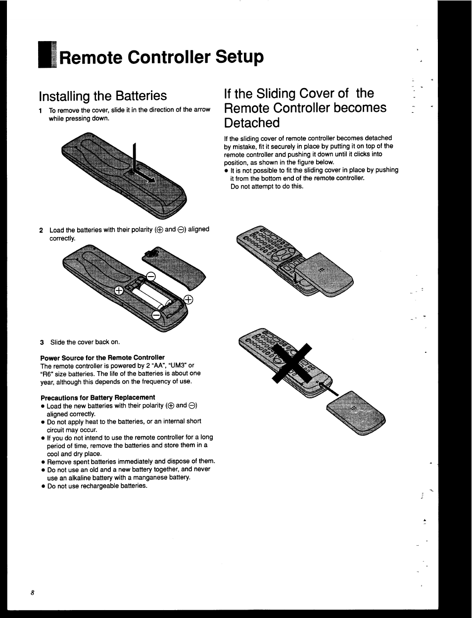 Remote controller setup, Installing the batteries | Panasonic NV-HD630 User Manual | Page 8 / 40