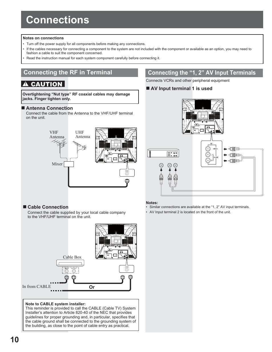 Connections, Connecting the rf in terminal, Caution | Connecting the “1, 2” av input terminals | Panasonic AG-520VDH User Manual | Page 10 / 56