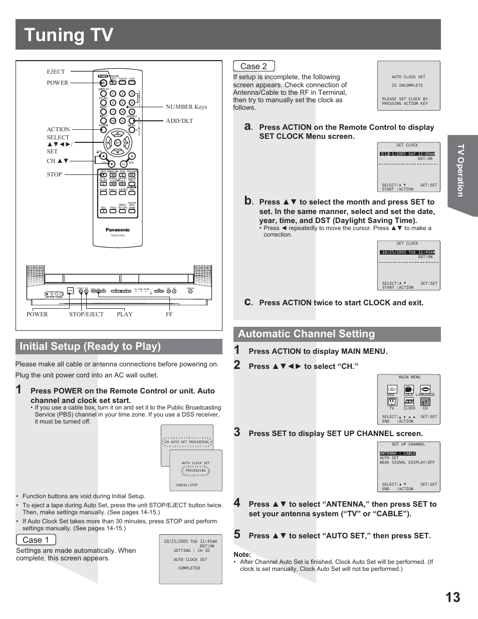 Tuning tv, Initial setup (ready to play), Automatic channel setting | Panasonic AG-520VDH User Manual | Page 13 / 56