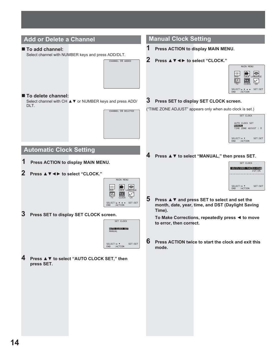 Add or delete a chan nel, Automatic clock setting, Manual clock setting | Panasonic AG-520VDH User Manual | Page 14 / 56