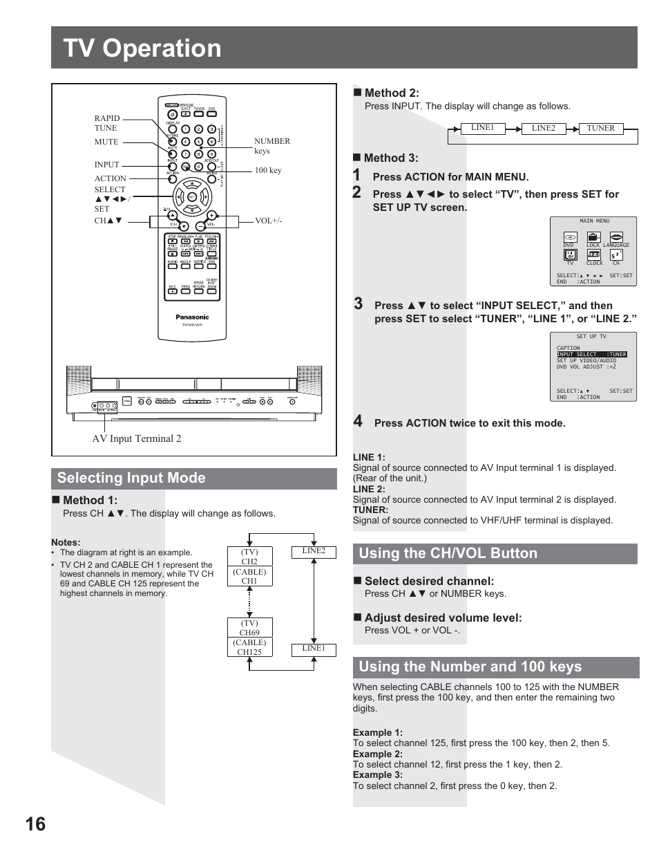 Tv operation, Selecting input mode using the ch/vol button, Using the number and 100 keys | Panasonic AG-520VDH User Manual | Page 16 / 56