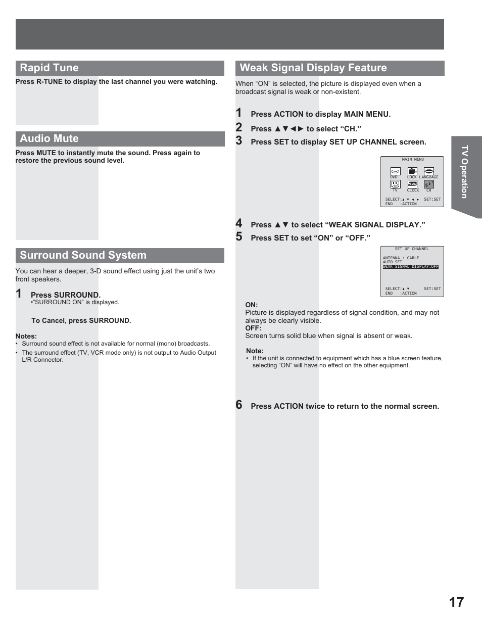 Surround sound system, Weak signal display feature, Audio mute rapid tune | Panasonic AG-520VDH User Manual | Page 17 / 56