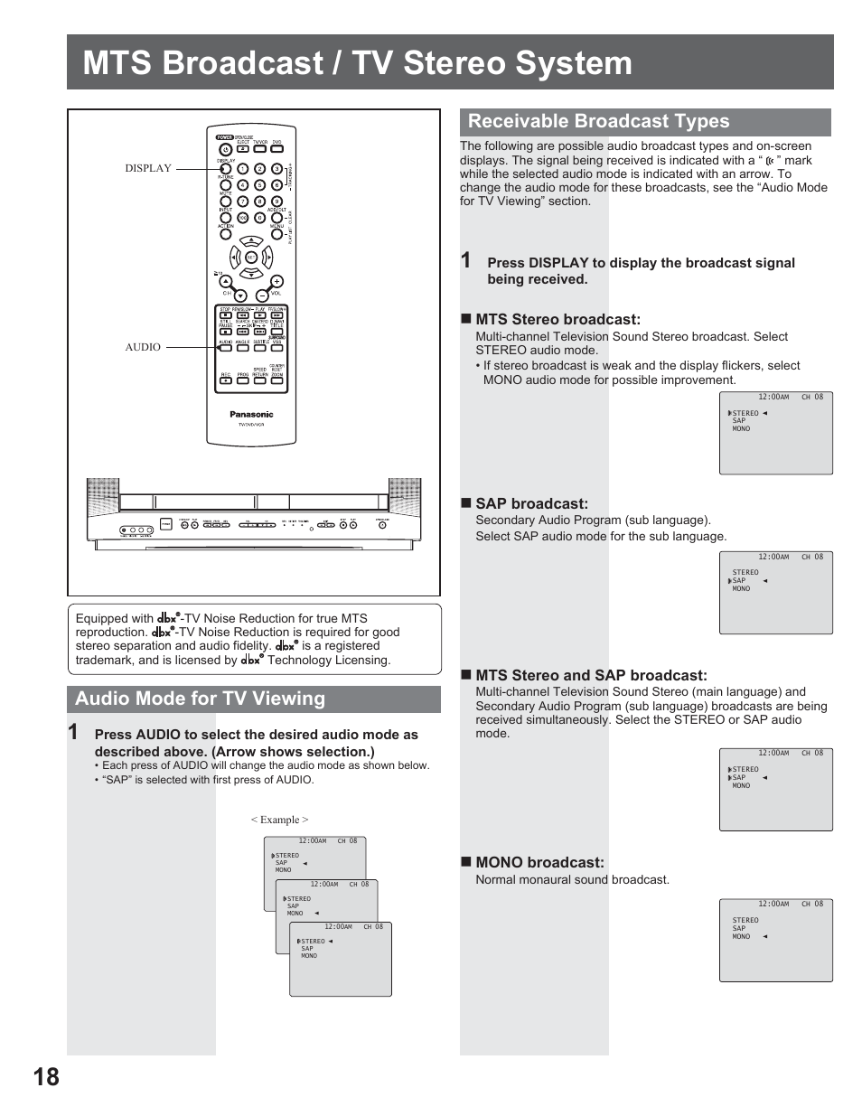 Mts broadcast / tv stereo system | Panasonic AG-520VDH User Manual | Page 18 / 56