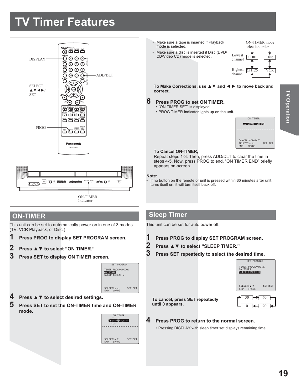 Tv timer features, On-timer sleep timer | Panasonic AG-520VDH User Manual | Page 19 / 56