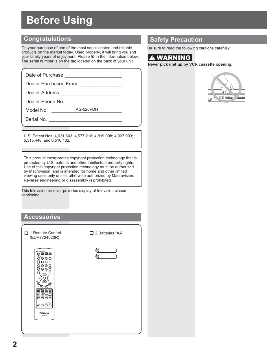 Getting started, Before using, Warning | Panasonic AG-520VDH User Manual | Page 2 / 56