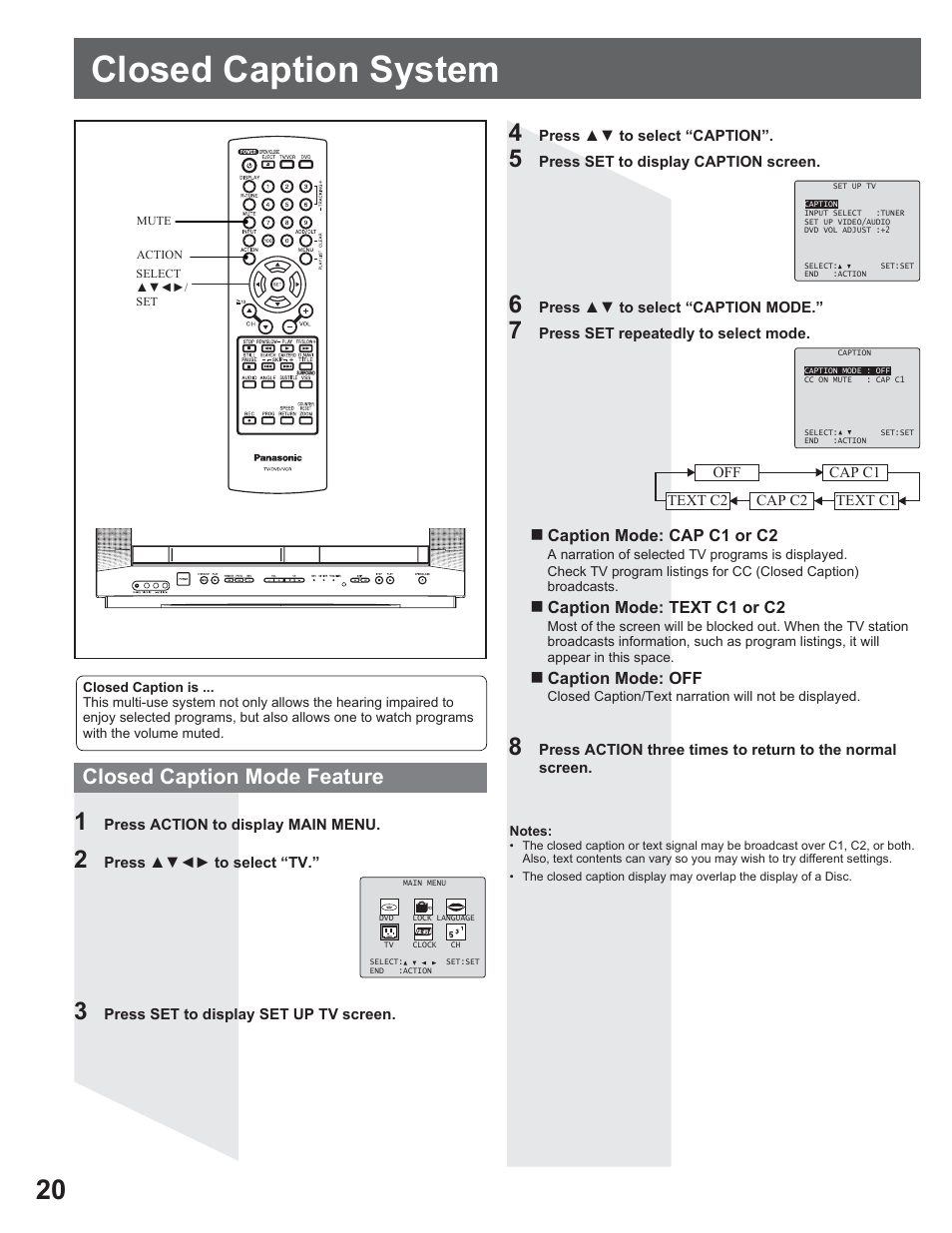 Closed caption system, Closed caption mode feature | Panasonic AG-520VDH User Manual | Page 20 / 56