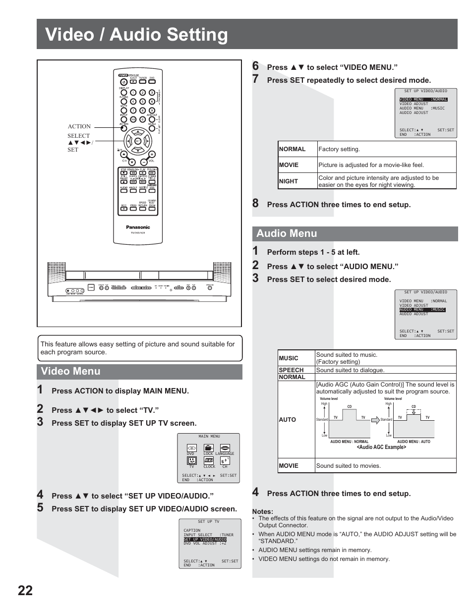 Video / audio setting, Video menu audio menu | Panasonic AG-520VDH User Manual | Page 22 / 56