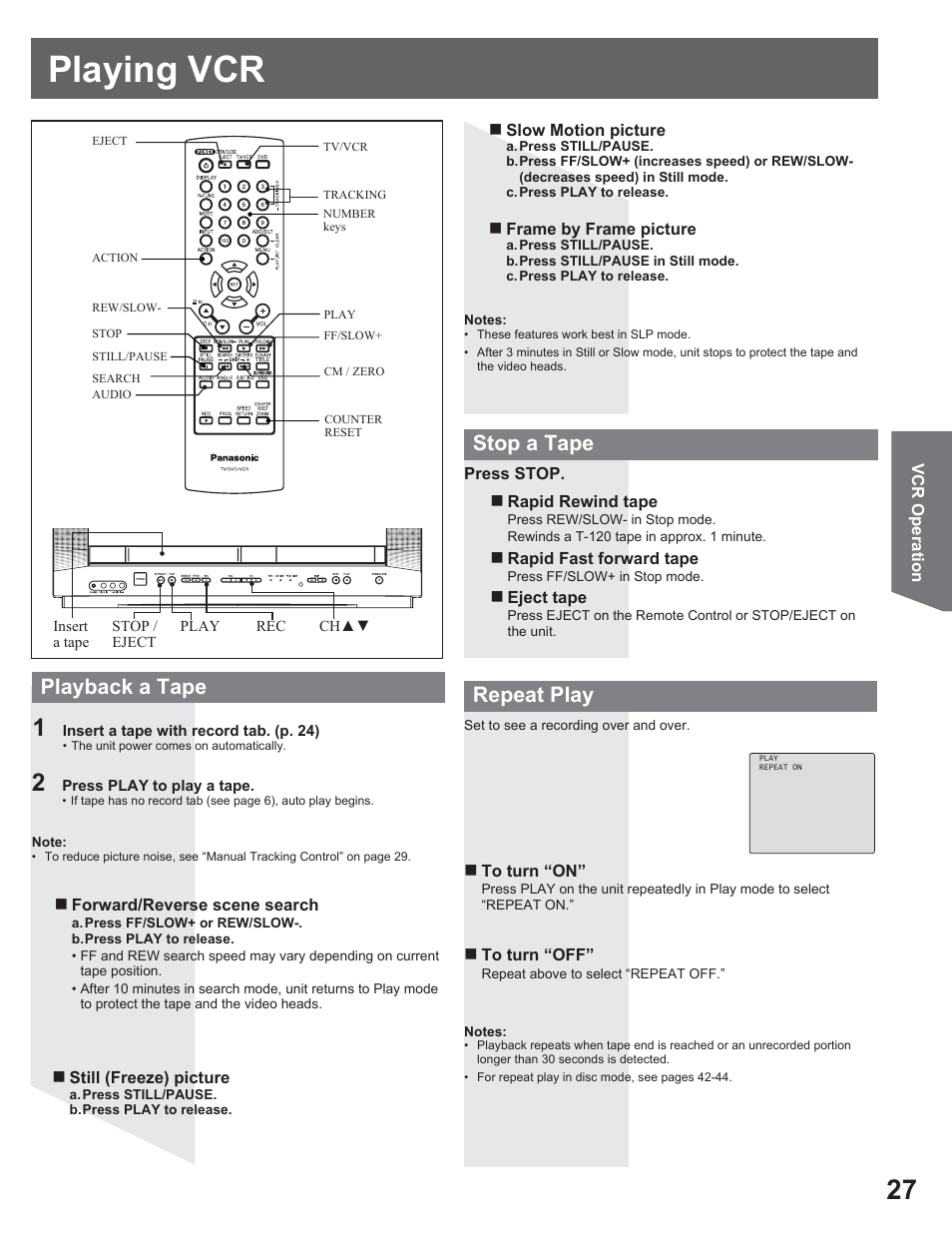 Playing vcr, Playback a tape, Stop a tape | Repeat play | Panasonic AG-520VDH User Manual | Page 27 / 56