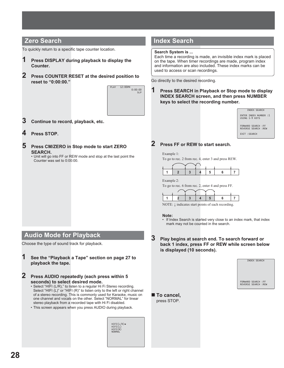 Index search, Audio mode for playback, Zero search | Panasonic AG-520VDH User Manual | Page 28 / 56