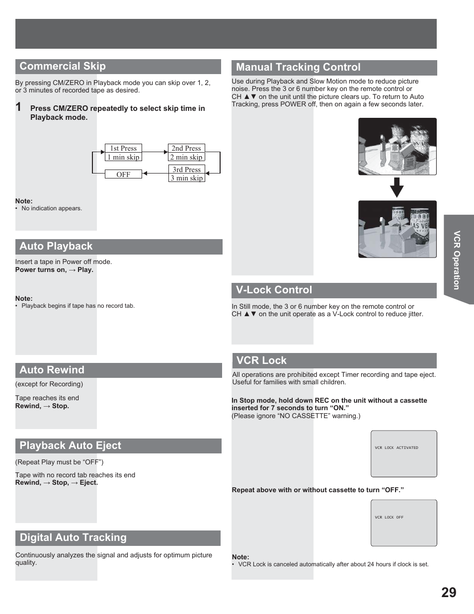 Auto playback auto rewind playback auto eject, Commercial skip, Vcr lock | Panasonic AG-520VDH User Manual | Page 29 / 56