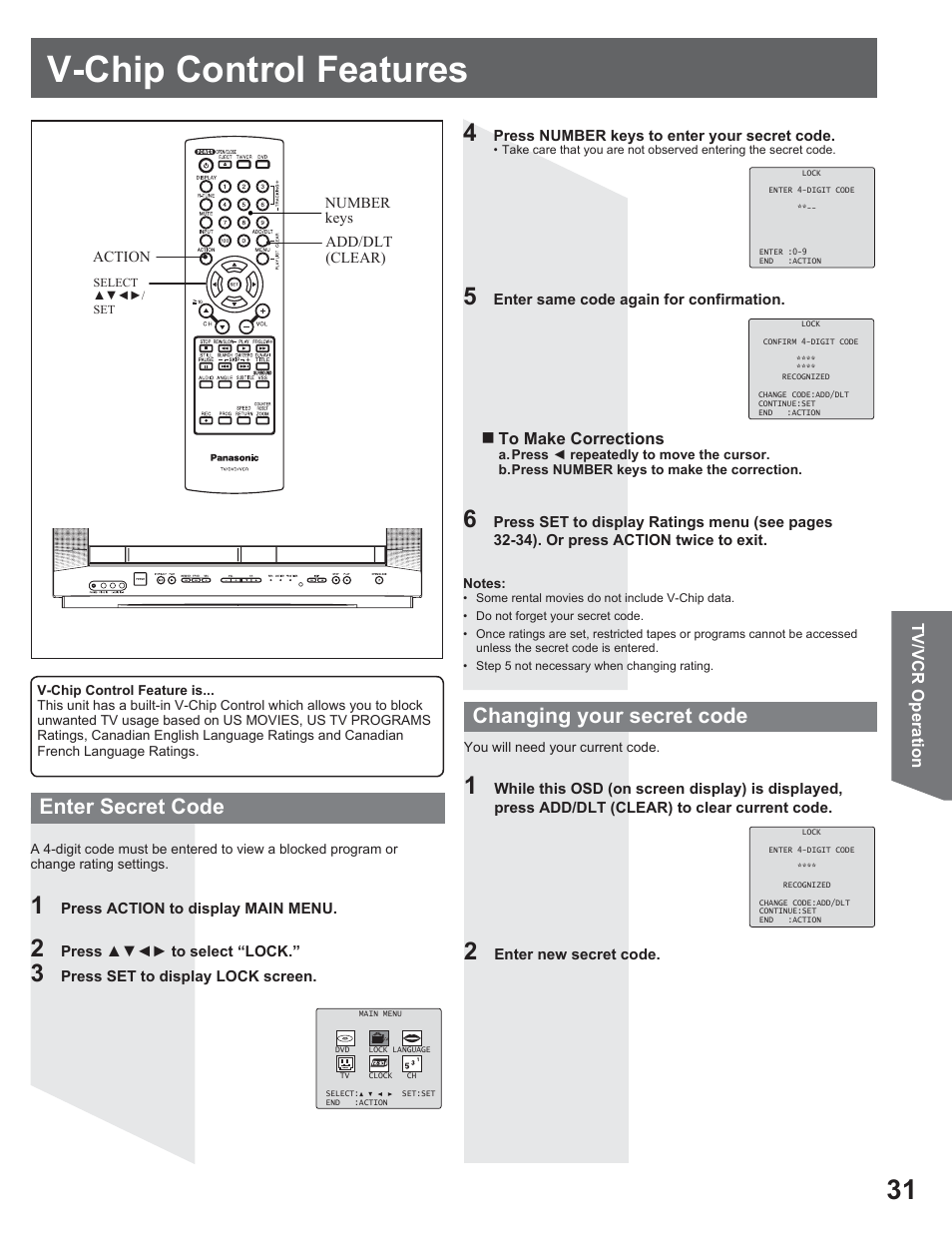 V-chip control features, Enter secret code changing your secret code | Panasonic AG-520VDH User Manual | Page 31 / 56