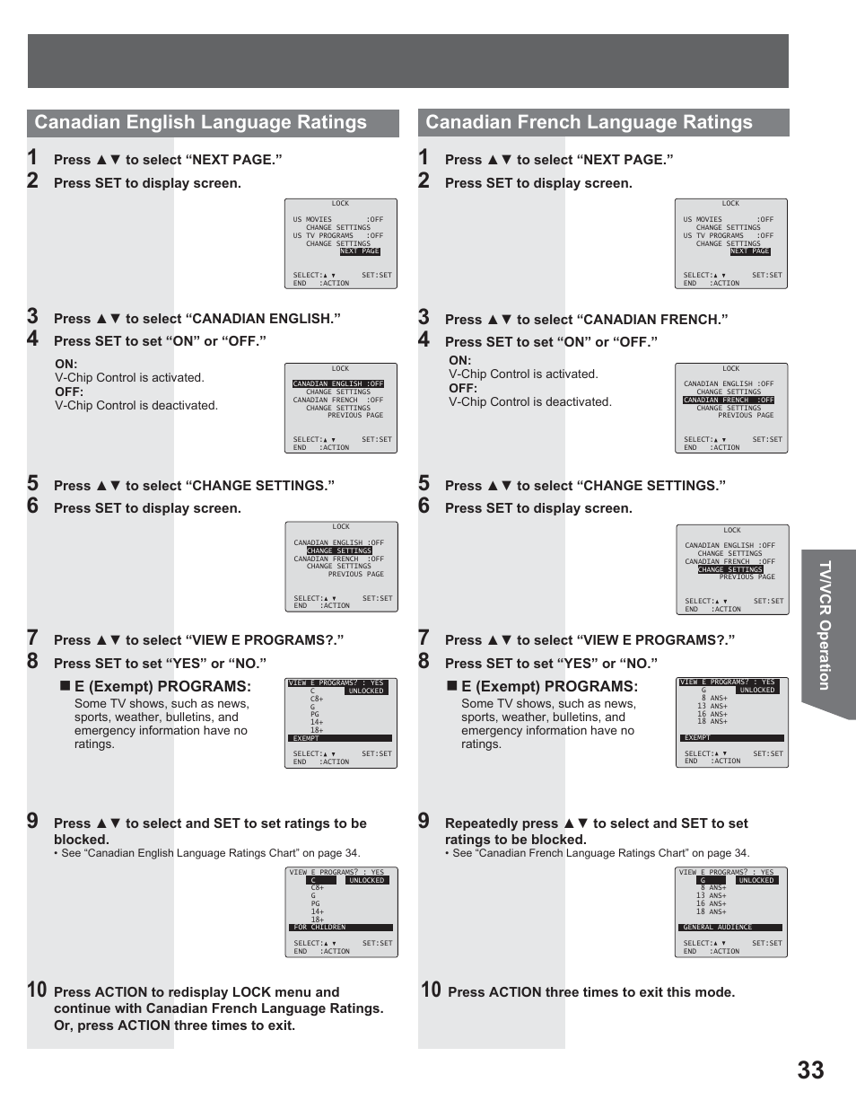 Canadian english language ratings, Canadian french language ratings, Tv/vcr operation | E (exempt) programs | Panasonic AG-520VDH User Manual | Page 33 / 56