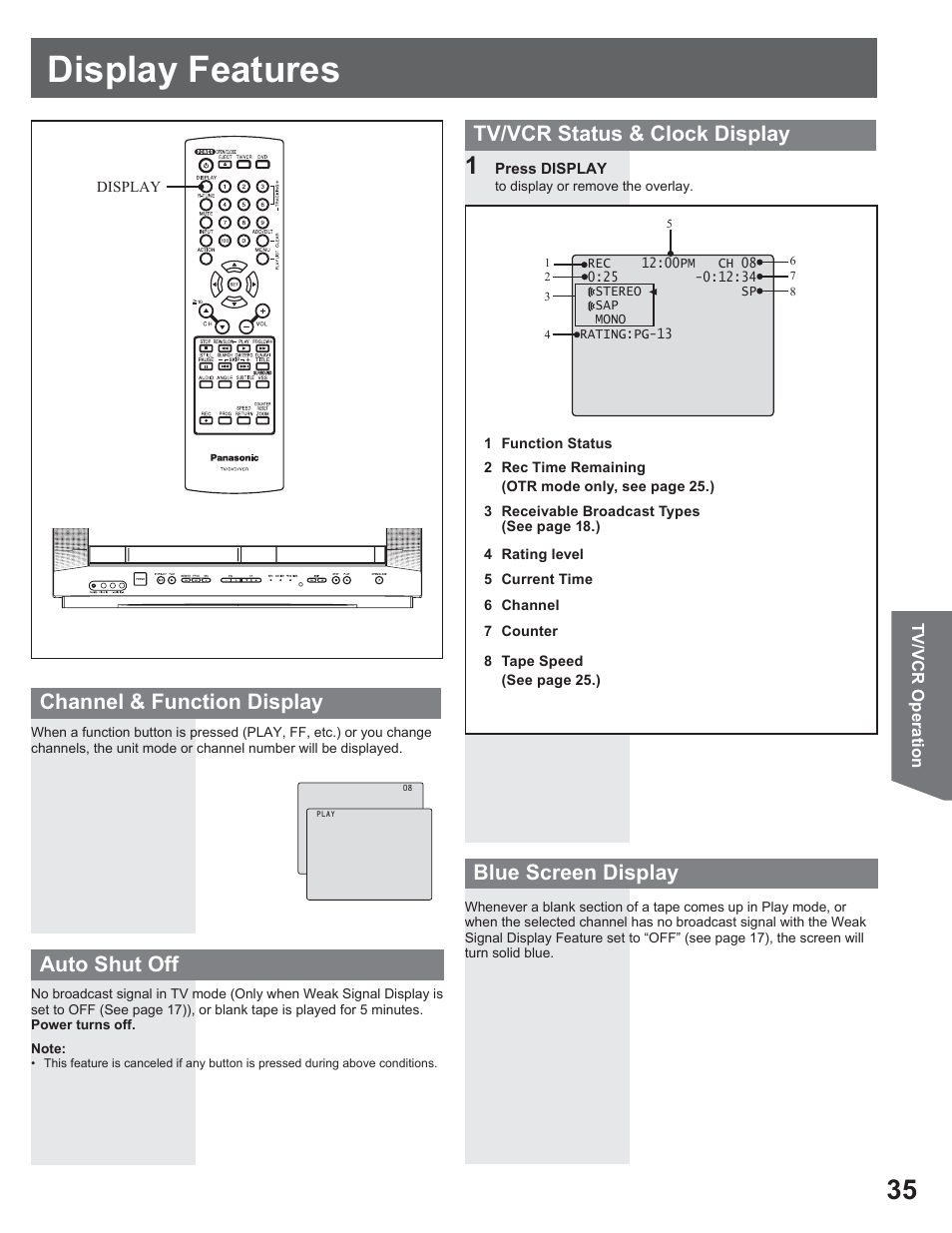 Display features, Auto shut off | Panasonic AG-520VDH User Manual | Page 35 / 56