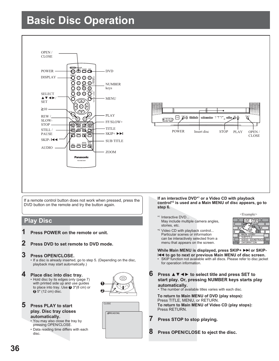 Disc operation, Basic disc operation, Play disc | Panasonic AG-520VDH User Manual | Page 36 / 56