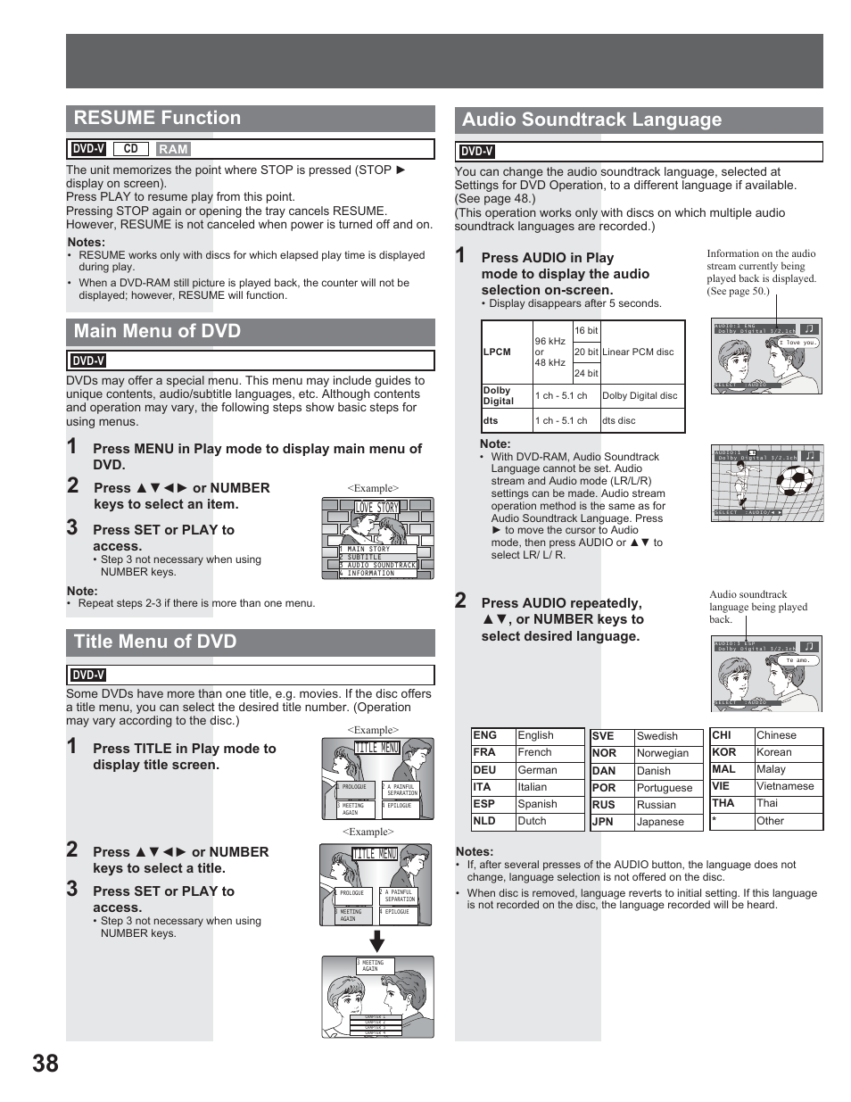 Main menu of dvd title menu of dvd, Audio soundtrack language, Resume function | Title menu, Love story | Panasonic AG-520VDH User Manual | Page 38 / 56