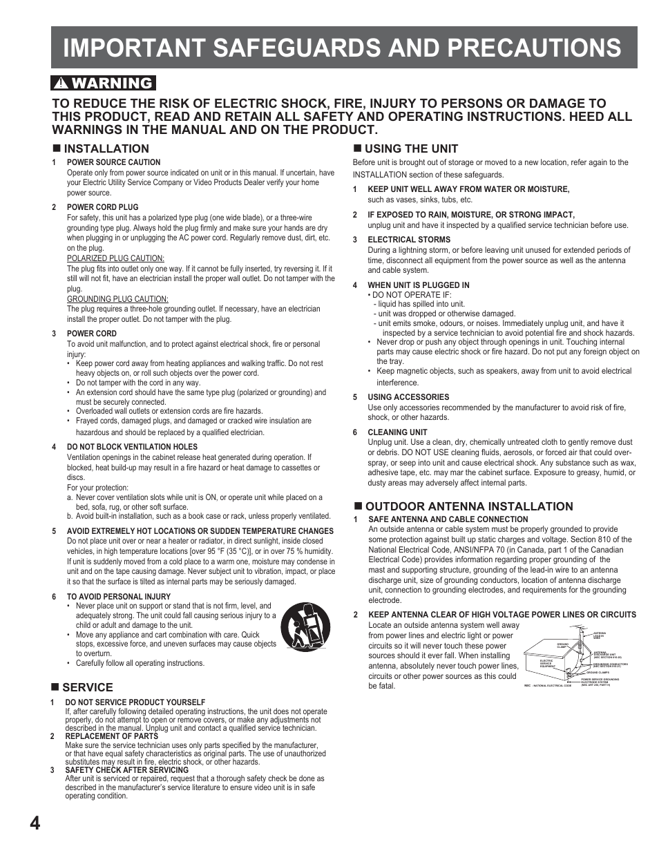 Important safeguards and precautions, Important safeguards and pre cautions, Warning | Installation, Using the unit, Service, Outdoor antenna installation | Panasonic AG-520VDH User Manual | Page 4 / 56