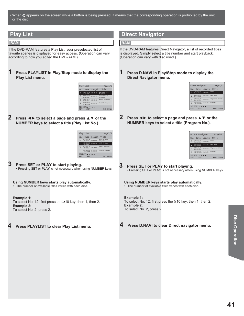 Direct navigator, Play list, Disc operation | Press d.navi to clear direct navigator menu, Press playlist to clear play list menu, Press set or play to start playing | Panasonic AG-520VDH User Manual | Page 41 / 56