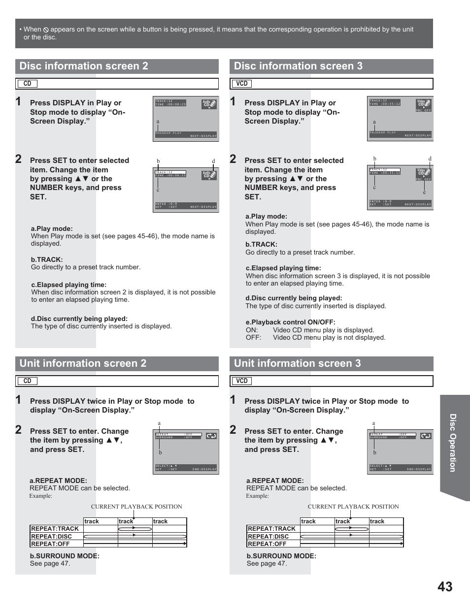 Disc information screen 3, Unit information screen 3 | Panasonic AG-520VDH User Manual | Page 43 / 56