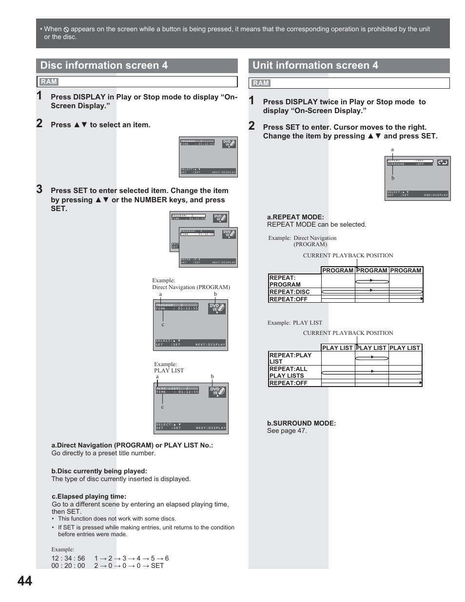 Unit information screen 4, Disc information screen 4 | Panasonic AG-520VDH User Manual | Page 44 / 56