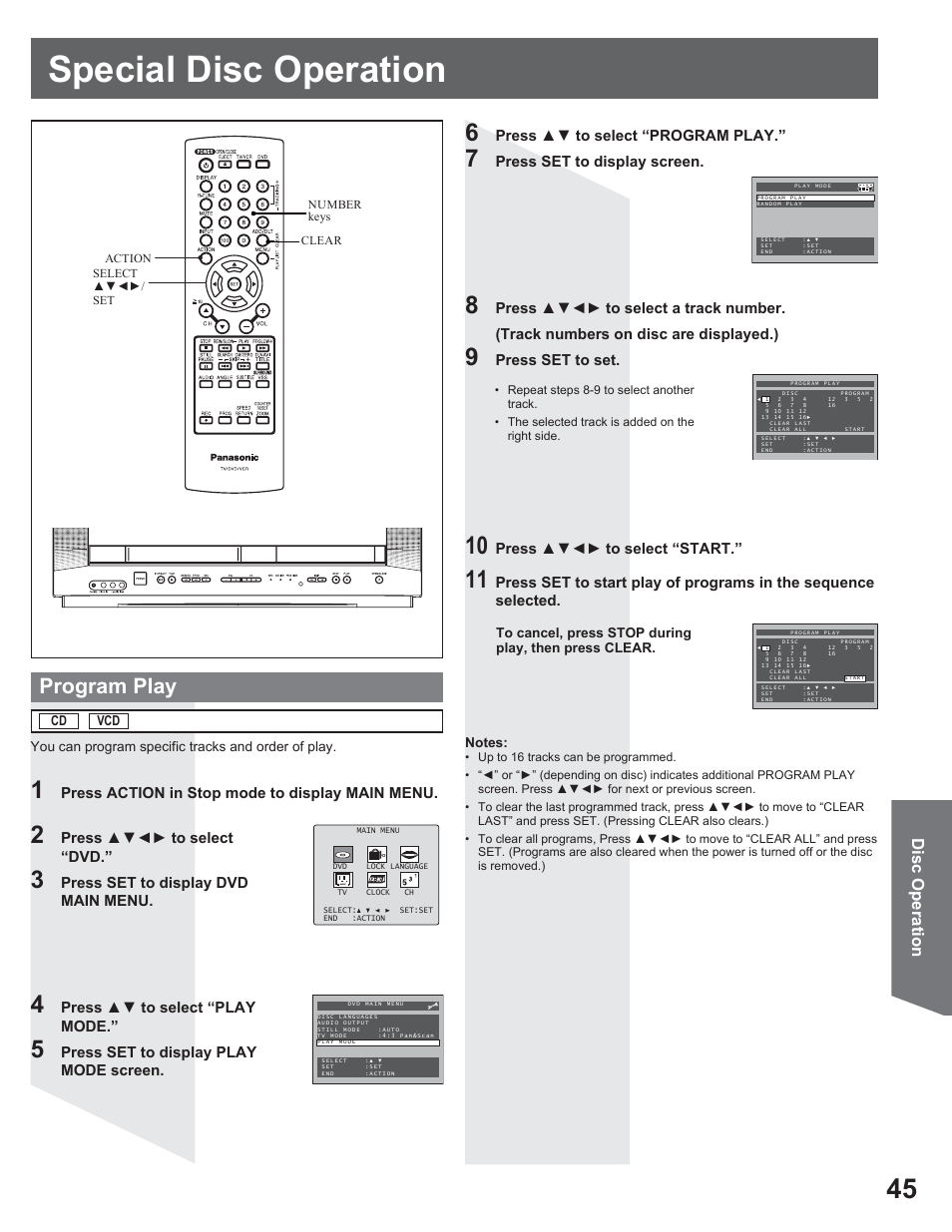 Special disc operation, Program play | Panasonic AG-520VDH User Manual | Page 45 / 56